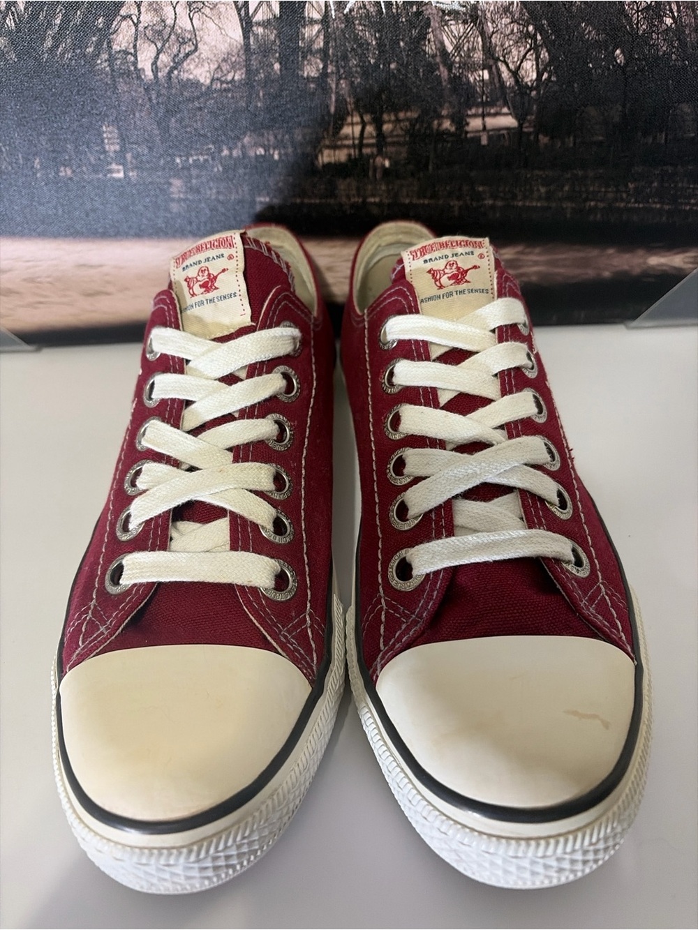 True Religion Men’s Burgundy 10.5 Canvas Low-Top Sneakers with White Accents